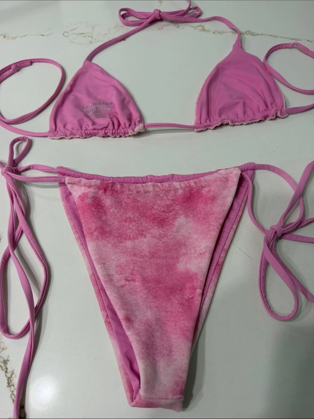 Frankies Bikinis Tia Terry Bikini Set in Pink Dye with Hibiscus Rhinestones  | L